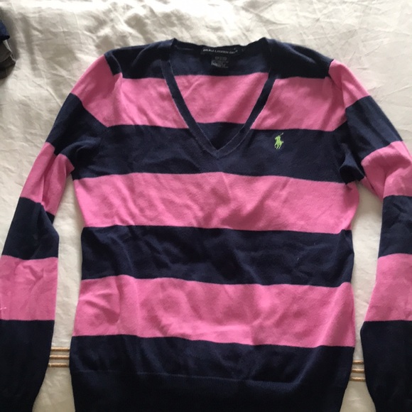 Polo Ralph Lauren Sport V Neck Sweater in Pink and Blue Horizontal Stripes. - Picture 3 of 6